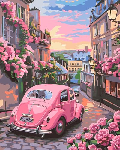 JATOK Paint by Numbers for Adults, Pink Car on a Flower Street, 40 x 50 cm | clear-symbol pre-printed canvas, acrylic painting kit, beginner DIY craft, unframed wall décor, 16 x 20 in