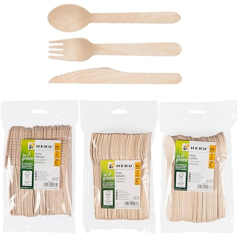 HEKU be green Lot de 150 couverts jetables en bois de bouleau – 50 couteaux (16,5 cm), 50 fourchettes, 50 cuillères (15,7 cm) I Compostables I Fabriqué à partir de matières premières renouvelables et
