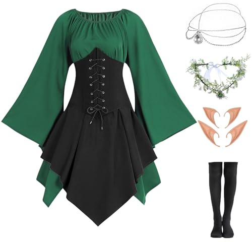 Abito gotico medievale da donna, tradizionale irlandese, rinascimentale, verde, costume da carnevale, Halloween, costume da pirata, cosplay, con catena, fiore, orecchie da elfo, calzini sopra il