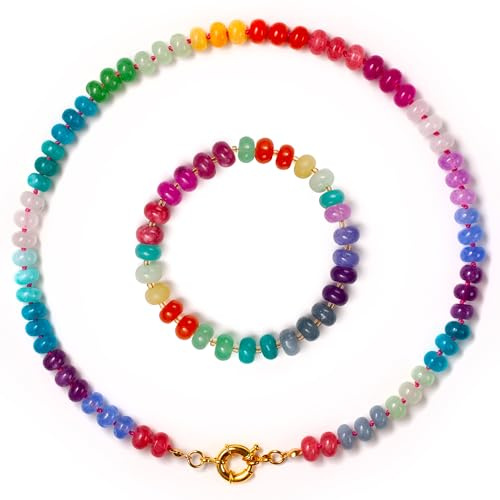 SKLife Style design damarmband med halsbandsset – handgjorda färgglada naturstenar smyckeset gåva för kvinnor, choker i boho-stil. (färgglad), Kette 45cm(mit Schloss),Armband 17(elastisch), Natursten