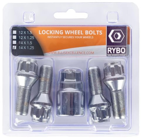 RYBO Set of 4 M14 x 1.25 Tapered Alloy Wheel Locking Bolts (Chrome or Black) (Chrome, 27mm Thread Length)