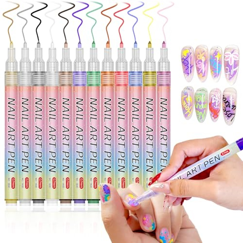 MKNZOME 12 Color Nail Art Pens Set, 3D 0.7 MM Nail Polish Pens Set Drawing Painting Point Liner Nail Varnish Pens, Waterproof and Quick-drying Nail for DIY Nails Art Design Manicure Tools