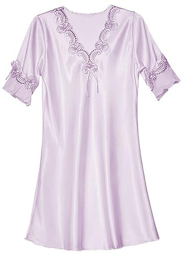 Camicia da notte da donna, a maniche 3/4, in raso, da notte, da donna, con scollo a V, tinta unita, sexy, comoda da casa, in seta, biancheria da notte estiva, Lilla, L