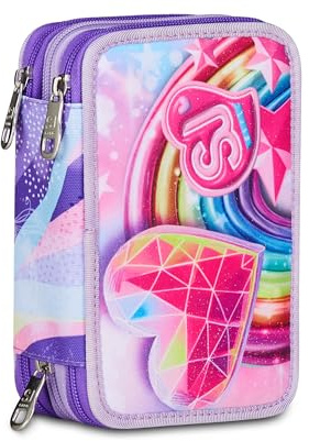 SJ GANG STYLE JAM GANG Astuccio Scuola 3 Zip, Rosa, Portapenne Triplo Scomparto Completo Di Penne, Matite, Colori, Accessori Zaino, Scuole Elementari, Bambina