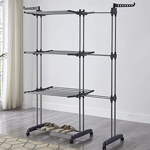 Stendibiancheria verticale pieghevole ad alta capacità, con barre in acciaio inossidabile e due ali laterali, ampie ruote per asciugare incluse (75 126) x 64 x 170 cm (grigio argento)