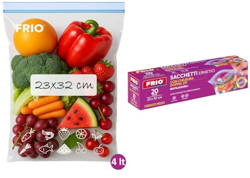 FRIO – 20 bolsas para congelar 4L (Talla M: 23x32 cm), reutilizables y herméticas con cierre tipo zipper – Bolsas para conservación de alimentos sin BPA