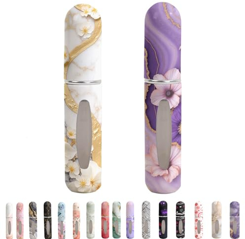 Syyflibb Refillable Perfume Atomizer Travel Bottles– Portable Leakproof Mini Sprayer for Cologne & Essential Oils, Plastic Empty Perfume Bottles with Unique Patterns,2 Pcs Pack of 5 ml(Marble flower)