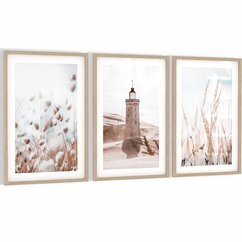 Novart Wandbilder mit Rahmen Strand Boho Meer - Wohnzimmer Schlafzimmer Flur Wanddeko - 3 Bilder Set Beige - N134936aR1