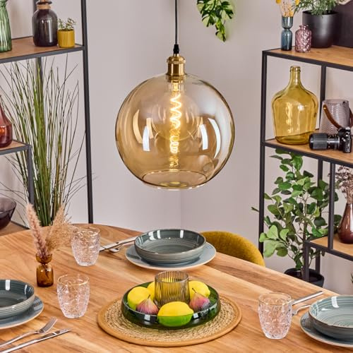 HOFSTEIN Hängeleuchte Koyoto, 1-flammige Hängelampe aus Metall/Glas in Gold/Bernstein, moderne Pendelleuchte im Retro/Vintage-Design (Schirm Ø 30 cm), E27, Esszimmer, Küche, Wohnzimmer