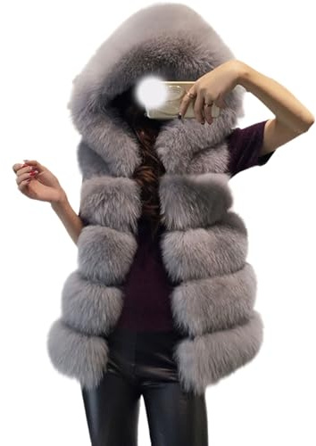 LIEROLYE Gilet In Pelliccia Sintetica con Cappuccio da Donna, Giacca Invernale Senza Maniche, Caldo e Spesso Capospalla In Peluche(Dark grey)