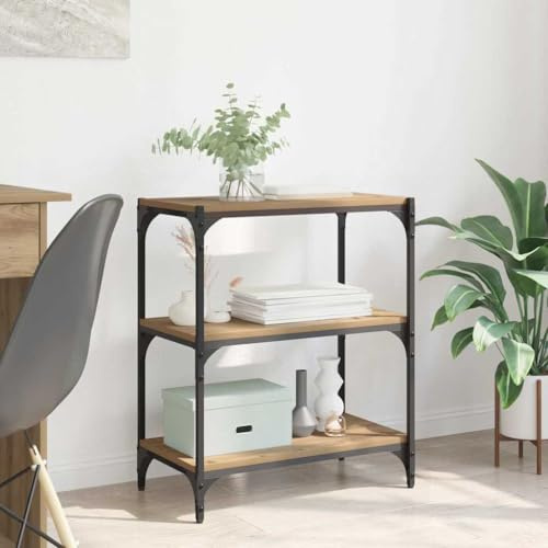 Owoxanthellate Bücherregal Artisan-Eiche 60 x 33 x 70,5 cm mit 3 Fächern Massiver Eisenrahmen Modernes Industriedesign Robust & Langlebig für Wohnzimmer Home Office Flur