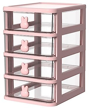 Bonbela Skrivbordsförvaringslåda, Flerskikts Genomskinlig Plastlåda, Liten Låda med Kaninhandtag för Bokpenna Kontorsmaterial (Rosa)