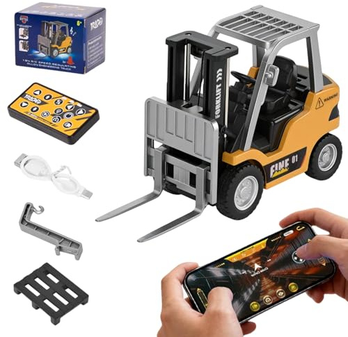 Jognee Carrello elevatore radiocomandato, scala 1:64, carrello elevatore telecomandato con programmazione app, controllo della velocità e velocità, forcella sollevabile, suono e luce LED, ricaricabile