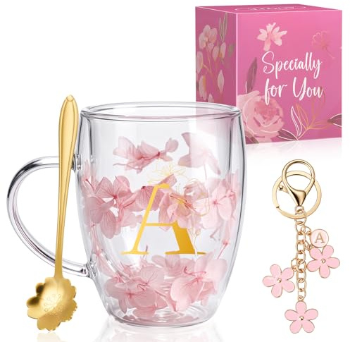 AOOTE Tazas de café de Vidrio de Flores secas,350 ML Flores Secas Tazas de Café de Vidrio de Doble Pared,Taza de Vidrio Doble Pared, Incluye una Cuchara y un Llavero,para Amigas,Mestras Madres