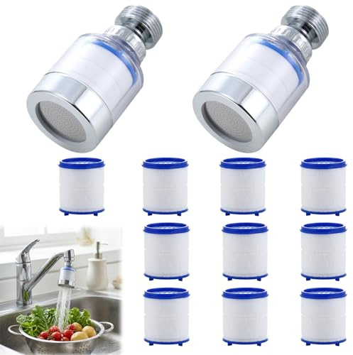 2 Pcs Tap Water Filter, 360 Degree Rotating Tap Filter for Kitchen Sink with 10 Filter Cartridges, Water Faucet Filtration for Home Bathroom Shower Kitchen