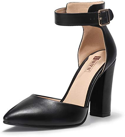 IDIFU Women's IN4 Pedazo High Block Heels Pumps Pointed Closed Toe Ankle Strap Dress Wedding Shoes (Black Pu, 8 M US)