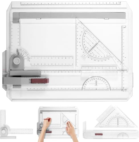 eSynic A3 Tavolo da Disegno Multifunzionale 50.2x36.8cm con Sistema di Misurazione Regolabile Angolo Set Tavolo da Scrittoio con Goniometro Localizzatore Carta Righello Scorrevole Gamba Antiscivolo