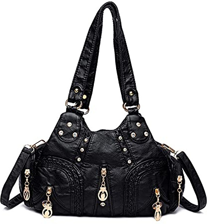 PORRASSO Damen Handtasche Mode Schultertasche Hobo Tasche Weiches PU Leder Umhängetaschen Frauen Henkeltaschen für Büro Schule Einkauf Schwarz