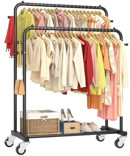 Laiensia Double Rods Garment Rack with Wheels, Clothing Rack for Hanging Clothes,4 Hooks, Multi-functional Bedroom Clothes Rack, Black