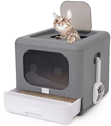 Caja de arena plegable cerrada para gatos, orinal para gatos con puerta delantera y entrada superior, tipo cajón extraíble, inodoro para gatos con tapa, bandeja de arena para gatos de fácil limpieza y