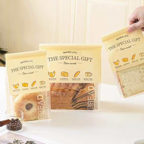 50 Pcs 8.6 Inch Bread Bags with Tin Tie, Bread Pattern Large Loaf Bags Made Of Milky yellow Paper, Storage Packing Bag with Clear Window for Bakery, Cafe, Homemade Bread