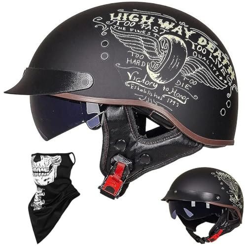 Öppen Ansiktshjälm Halv Motorcykelhjälm Vintage Cruiser Chopper Scooter Pilot ECE-certifierad Retro Motorcykel Vuxen Crash Mopedhjälm Med Solskydd For Män Och Kvinnor(H,L=(59~60cm))