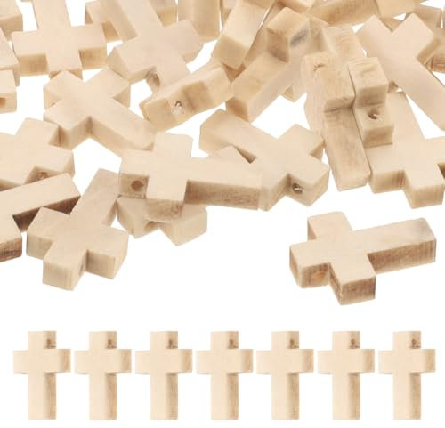 OUDQFCJ 100 Pcs piccoli ciondoli croce in legno con foro per creazione di gioielli collane e portachiavi fai da te accessori 15x22mm