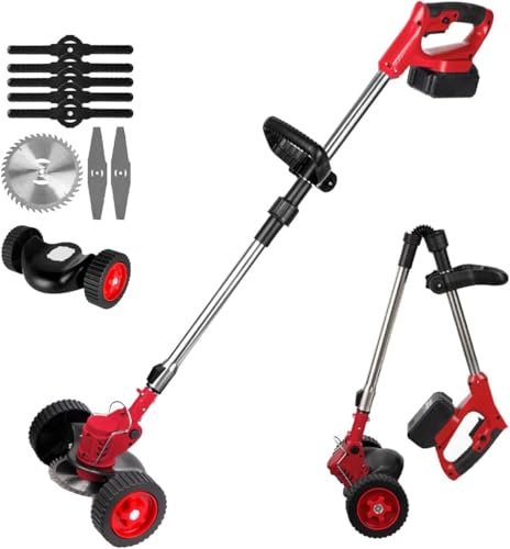 Desbrozadora Bateria 21V - Cortacésped Eléctrico De Altura Ajustable, Desbrozadora de Jardín Inalámbrica de Batería, Desbrozadora Electrica Plegable, para Céspedes y Jardin (1x12000mAh, Rojo)