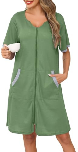 Lovasy Accappatoio con Cerniera Donna Vestaglia in Maglia Waffle a Maniche Corte Vestaglia Leggera al Ginocchio Abbigliamento da Casa con Tasche,B-Verde,XXL