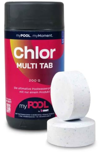 myPOOL Chlor MultiTabs 200g - 4in1 Poolpflege mit Chlor - Algenvernichter Flockung pH-Stabilisierung - Langsam lösliche Tabletten für Pools ab 15000 Liter (1 Kg)