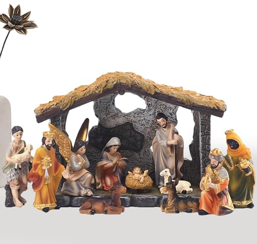 Belén Pesebre Navideño | Belén de Navidad de 12 piezas Escena del pesebre | Colección de figuritas navideñas de la Natividad, figuritas religiosas de la Sagrada Familia Adornmen para interiores y