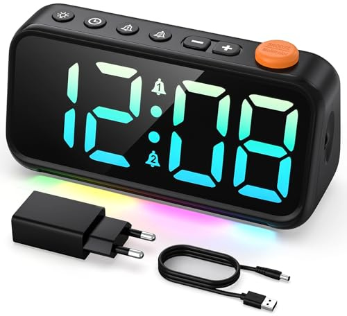 LATEC Reveil, Réveil Numérique sur Secteur avec Affichage LED Grand Écran, Éclairage RGB, Double Alarme, Fonction Répétition et Luminosité Réglable (Adaptateur Inclus)
