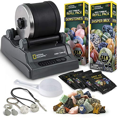 NATIONAL Geographic Hobby Tumbler – Stein-Polierer für Kinder und Erwachsene, geräuschreduziertes Fass, Körnung, 1,1 kg roher Edelstein & Jaspis-Mix, tolles STEM-Hobby-Set