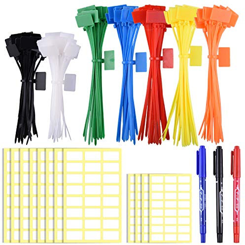 SIQUK 160 Stück Kabelbinder Tags bunt Kabelbinder Etiketten in 4/6 Zoll selbstsichernde Kabelbinder Marker mit 288 Stück weißen Etiketten und 3 Stück Marker für Kabel-, Kabel-und Kabel-Management