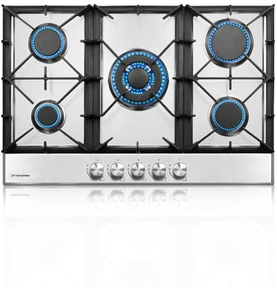 ThermoMate Light 30 Inch Gas Cooktop, Built In Gas Rangetop with 5 High Efficiency Burners, NG/LPG Convertible Stainless Steel Gas Stove Top with Thermocouple Protection, 120V AC