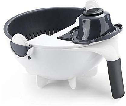 KUANDARMX Sûr 9 en 1 Coupe Legumes avec Passoire, Mandoline Cuisine Multifonctionnel Manuel avec Lames en Acier INOX Couper Salade Fruits et Légume Présent