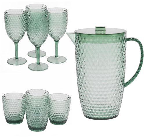 Cambridge COMBO-7988A Essgeschirr Im Freien - 9-teiliges Set, BPA-frei Kunstoff Mit Grün Diamant-Design, Enthält Krug, Trink Becher und Weingläsern, Für Freien Partys, Ferienhäuser und Campen,
