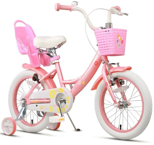 Glerc Maggie Girls Bike, 16 Inch Kids Bike for 4-7 Years Old Children, Princess Style Kids Bicycle with Doll-Seat & Basket & Training Wheels, Pink & White