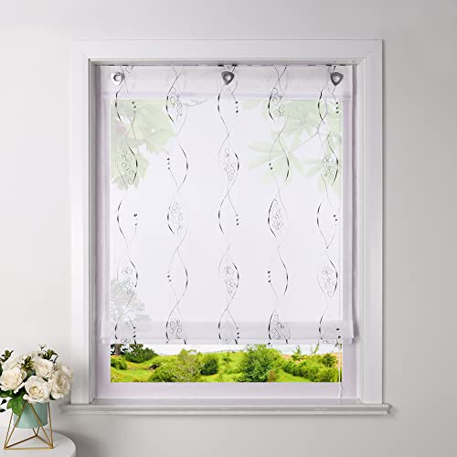 Heichkell Raffrollo ohne Bohren, Voile Raffgardine, Grau BxH 60x140 cm | Rollo mit Ösen, Transparenter Vorhang mit Hakenaufhängung, Ösenrollo mit Moderner Stickerei