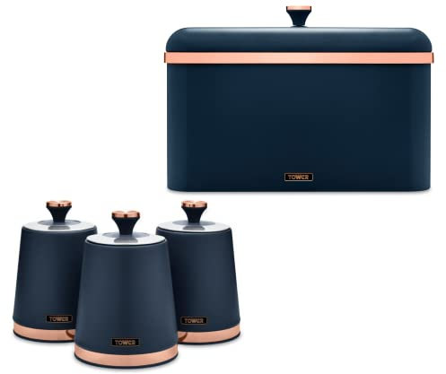 Tower Cavaletto Modern & Contemporary Bread Bin and Set of 3 Tea, Coffee & Sugar Canisters. Kitchen Storage Set in Stylish Midnight Blue finish with Elegant Rose Gold Accents