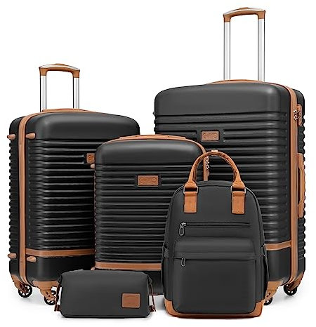 COOLIFE Koffer Trolley Koffer Reisekoffer von ABS Hartschalen Trolley 4 Rollen TSA-Schloss Der Koffer Enthält 1 Reiserucksack und 1 Kulturbeutel (Schwarz/Braun, Koffer-Set 5tlg)
