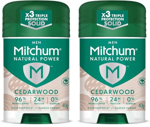 Mitchum Men 24HR Natural Vegan Deodorant Stick with 96% Natural Ingredients (40g) Aluminium Free, Cedarwood Scent, Dermatologist Tested (Pack of 2)