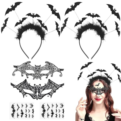 Seasboes Halloween Haarreif Set, Fledermaus Haarreifen mit Glitzereffekt, Halloween Maske Augenmaske Haarschmuck mit Fledermaus Tattoos Aufkleber, Fledermaus Haarband Accessoires für Karneval