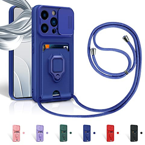 Aithne Case für iPhone 15 Pro Max Handykette Hüll,Slide kameraschutz,Silikon Handyhülle zum Umhängen Kette,360 Grad Ringhalter Stand Kartenfach-Blau