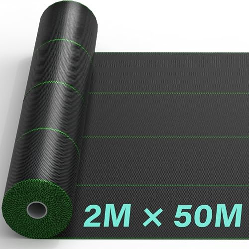 2mx50m Heavy Duty Weed Control Membrane Garden Weed Barrier Fabric for Landscaping Driveway Gravel Artificial Grass Lawn Underlay Woven Roll Ground Cover Weed Block Patios, Garden, Flower Beds Black