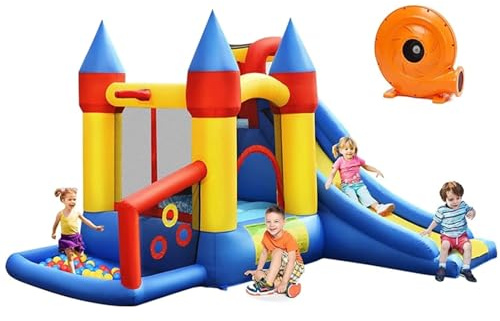 COSTWAY Inflatable Bouncy Castle and Blower, Kids Bounce House Trampoline with Slide, Climbing Wall, Ball Pit, Blow Up Children Jumper for Indoor Outdoor