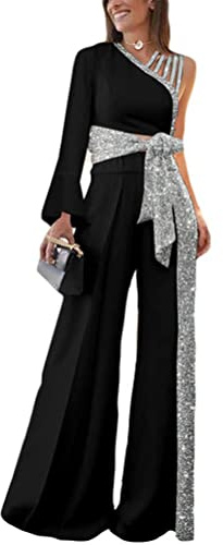 ORANDESIGNE Donna Monopezzi e Tutine Elegante Tuta Spalle Scoperte Vita Alta Pantaloni Manica Lunga Casual Siamesi Salopette Larghi Jumpsuit Moda Tops Pagliaccetti A Nero, M