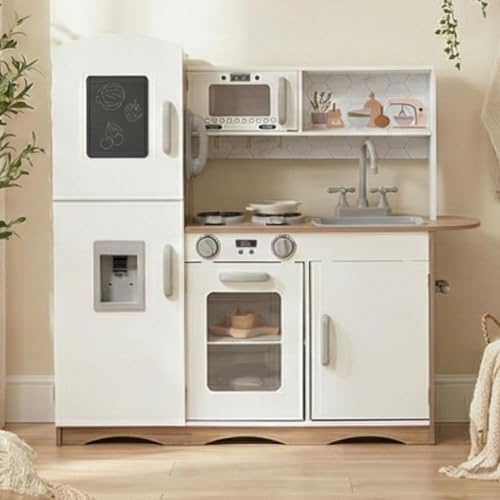 KIDOZ Play Kitchen for Kids Children Role Play Wooden Toy Kitchen Pretend Play Toys - White/Natural (Kitchen Only)
