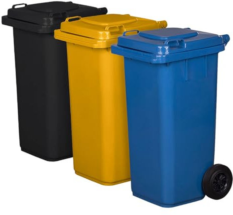 Juego de 3 cubos de basura para basura PN-EN 840, de 120 litros, con ruedas, sistema de enganche para extracción mecánica, de plástico, negro, amarillo, azul