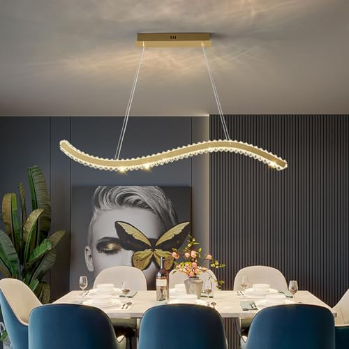 Bellastein Modern Kristall Pendelleuchte Gold Kronleuchter Lampe Wellen Hängeleuchte Dimmbar Hängeleuchte Höhenverstellbar Esszimmer Küchenlampe mit Fernbedienung Decke Lampe (L80cm)